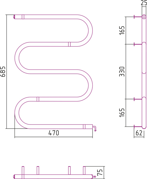 Полотенцесушитель электрический Стилье ЭПС MS-образный 700x500 (64 Вт)